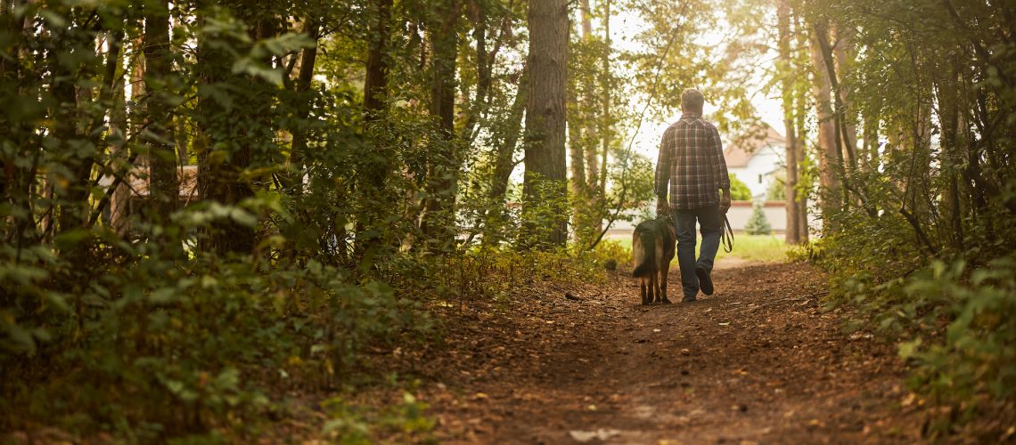 Gentleman and his dog walking through the forest