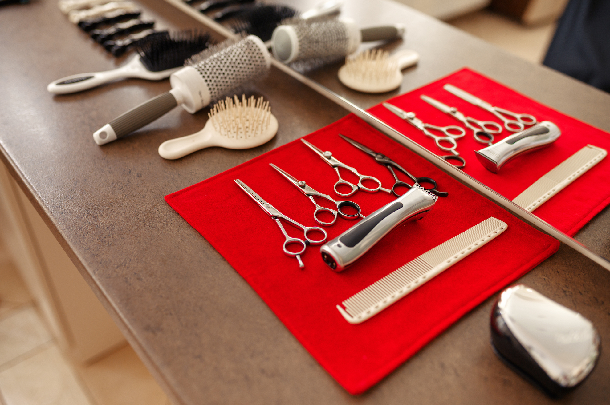 Hairdresser equipment on table, hairdressing salon